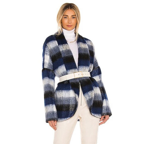 Amanda Uprichard Wool Blend Plaid Coat Jacket in Blue & White Women’s Size M